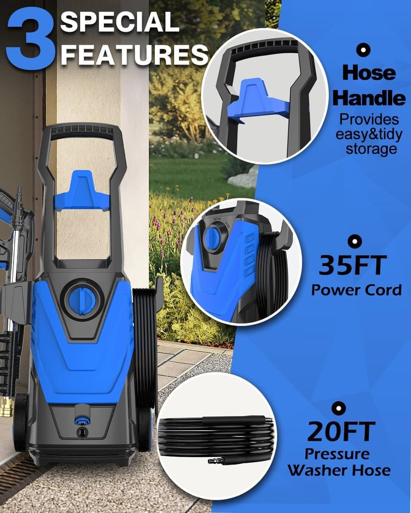 AgiiMan Electric Pressure Washer, 5000PSI Max 3.2GPM Power Washer Electric Powered with 20FT Hose, 4 Nozzles, Foam Cannon, High Pressure Cleaner Machine for Cars, Patios, Driveways, Fences, Navy