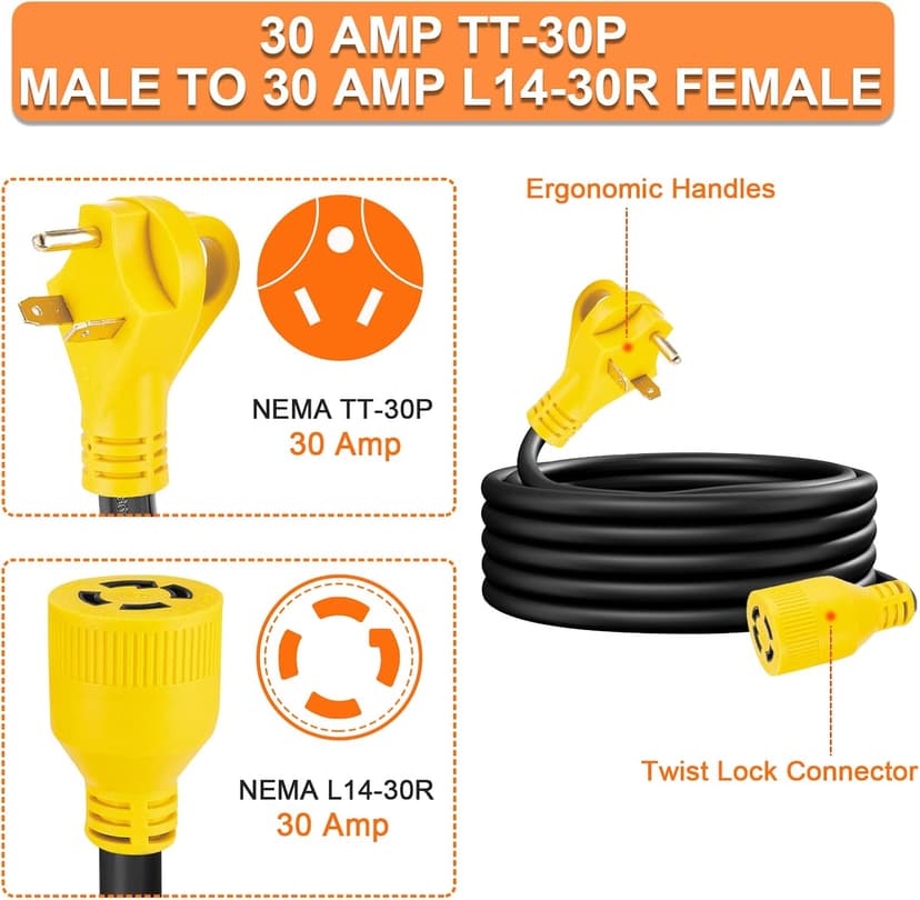 10ft Generator Transfer Switch Adapter Cord NEMA TT-30P to L14-30R, 3 Prong 30 Amp RV Generator TT-30 Male Plug to 4 Prong 30 Amp Inlet Box L14-30 Female Connector, STW 10AWG/3C, ETL Listed