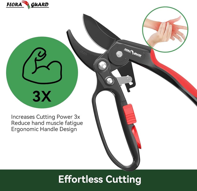 FLORA GUARD Garden Clippers, Professional Ratchet Pruning Shears, Increases Cutting Power 3x, Sharp Gardening Scissors, Cutting Rose, Flower, Hedge, Stem, Tree, Perfect for Weak Hands & Arthritis