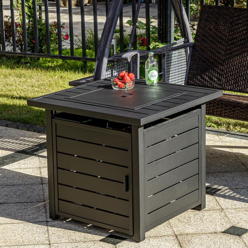 28 inch Propane Fire Pit Table, Outdoor Gas Fire Pits with Lid & Lava Rock, 50000 BTU Firepit for Dinning, Party in Outside, Patio, Garden or Yard (Black)
