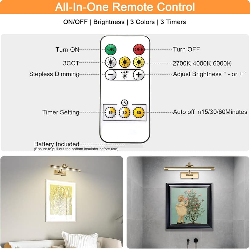 Wireless Picture Lights for Wall Rechargeable, Battery Operated Art Light for Paintings, 3CCT Dimmable, 15.7" Brass Finish with Remote, Rotatable Gallery Light for Pictures Display
