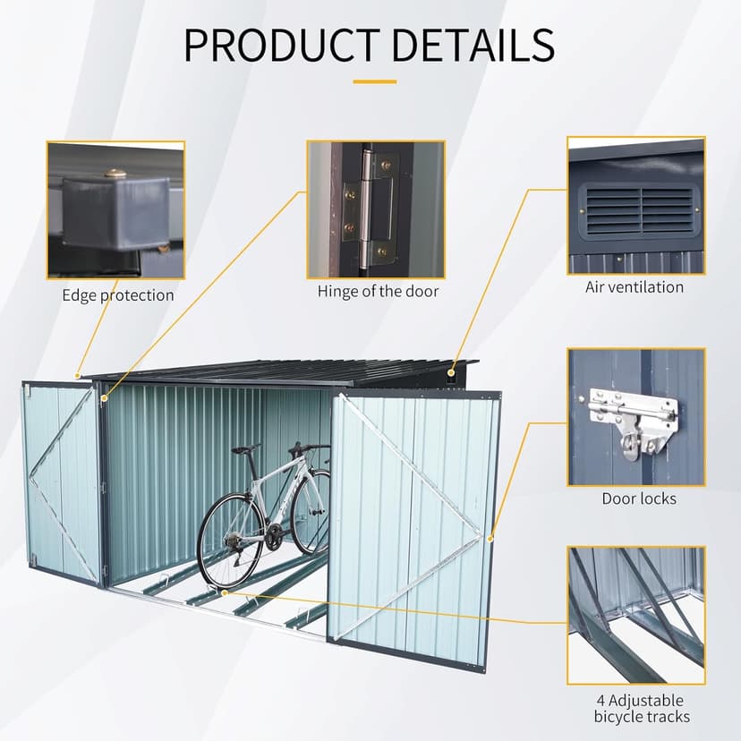 Ball & Cast 6x6 FT Outdoor Bicycle Storage Shed Galvanized Metal Garden Tool House with 4 Bike Tracks & Lock Doors,Waterproof Cabinet W/Slanted Roof Design and Air Vent,Black