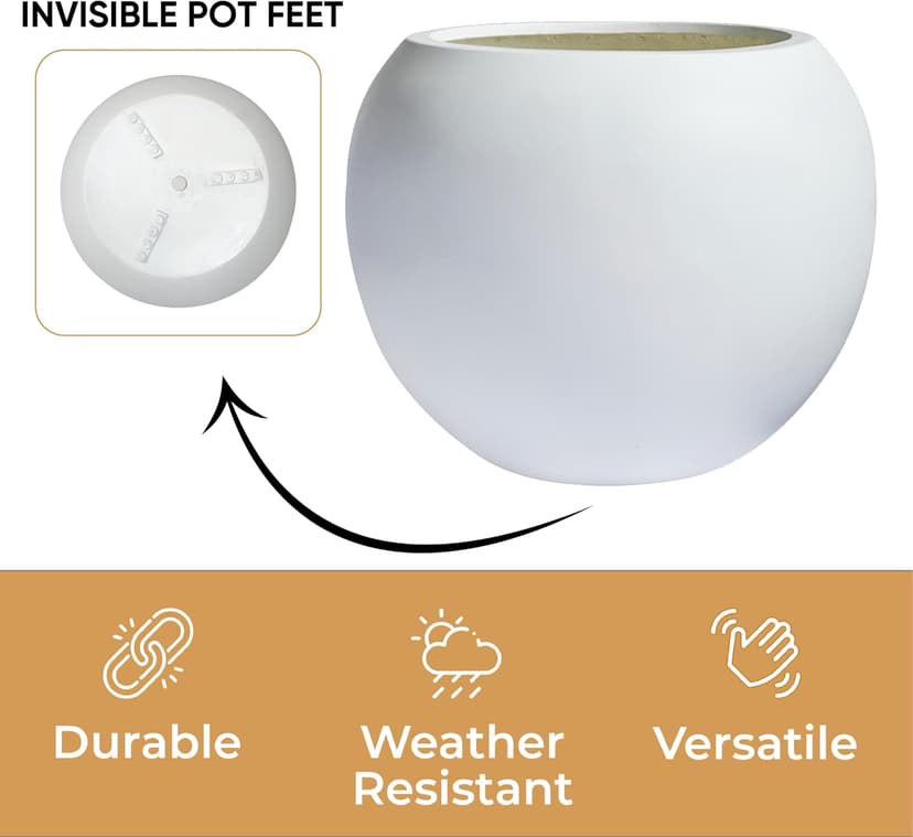 Globo 9.7" H x 12" D Fiberstone Premium Large Planter, (White), 7.8" Pot Opening, Sphere Drainage Pots, Lightweight Outdoor Planters, Planter for Indoor and Outdoor use, Gifts for Mom.