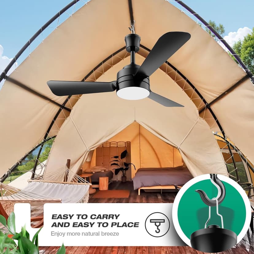Ceiling Fans with Lights,28" LED Fan Light Hanging with Hook,Hook Type Ceiling Fan,Plug in Ceiling Fan Light,35W,3000-6500k,Remote Control,Portable Fan for Camping Bed,Patios,(Black)