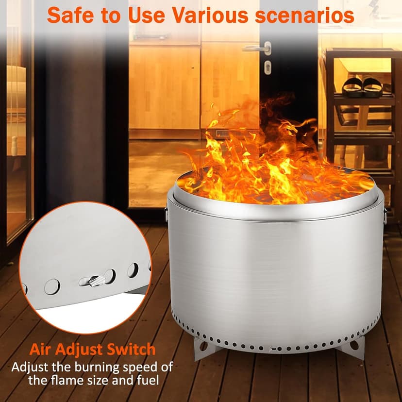 27" Smokeless Fire Pit with Air Switch, Wood Burning Portable Stainless Steel Outdoor Firepit with Removable Stand & Stove Hook, Ash Pan, for Camping Backyard Patio Picnic, H: 20 in, 35 lbs