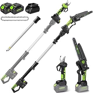 4-in-1 Pole Saw & Electric Pruning Shears, 8 Inch Pole Saws for Tree Trimming, Cordless Pruning Shears with 15ft Max Extension Pole, 2 * 4.0Ah Battery Powered Pole Saw Pole Pruner for Garden