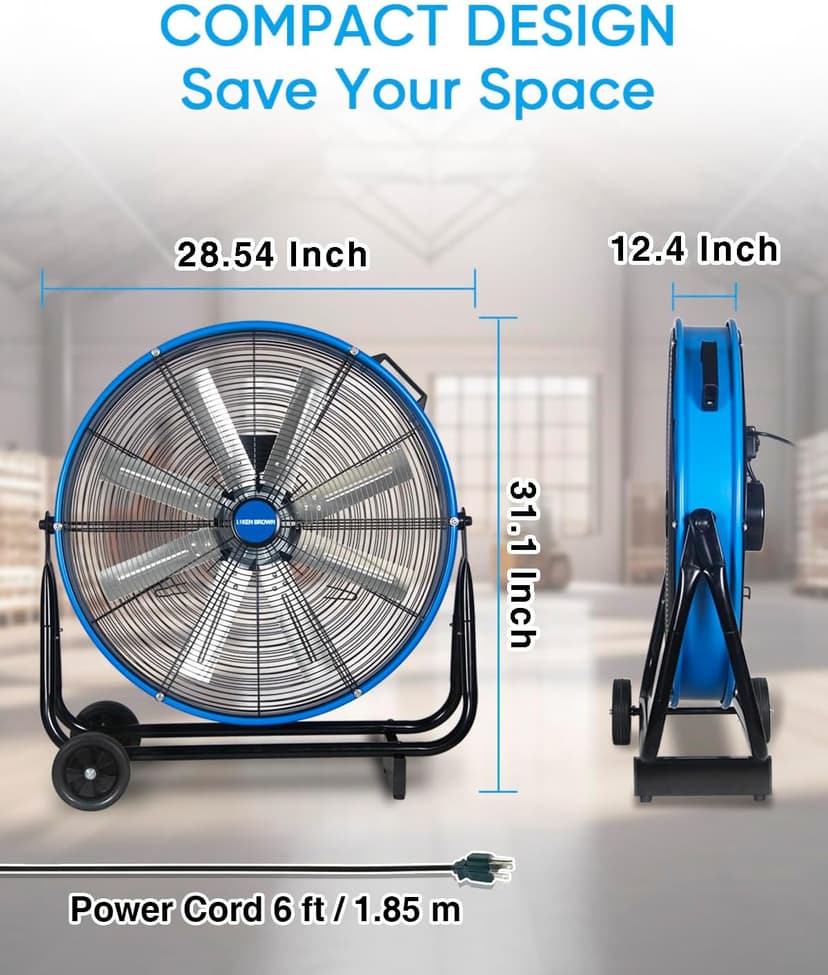 KEN BROWN 24 Inch Industrial Drum Fan, High Velocity Floor Shop Fan, Heavy Duty, 9500 CFM, 8 Blades, 3 Speeds, 360 Degree Tilt, Ideal for Industrial, Commercial, Gym, Garage Use, Blue