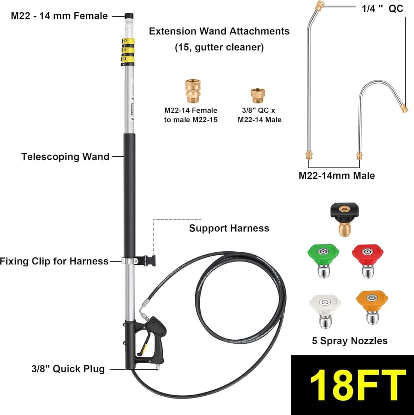18FT Telescoping Pressure Washer Wand, Pressure Washer Extension Wands, Power Washer Gutter Cleaner with 5 Spray Nozzle Tips, 2 Hose Adapters
