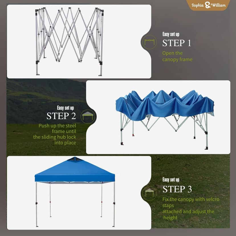 Canopy Tent Pop Up 10x10 ft, Outdoor Patio Portable Commercial Canopies Shelter Heavy Duty Straight Legs with Roller Bag, 8 Stakes, 4 Guy Ropes, UPF50+, Blue, Sophia & William