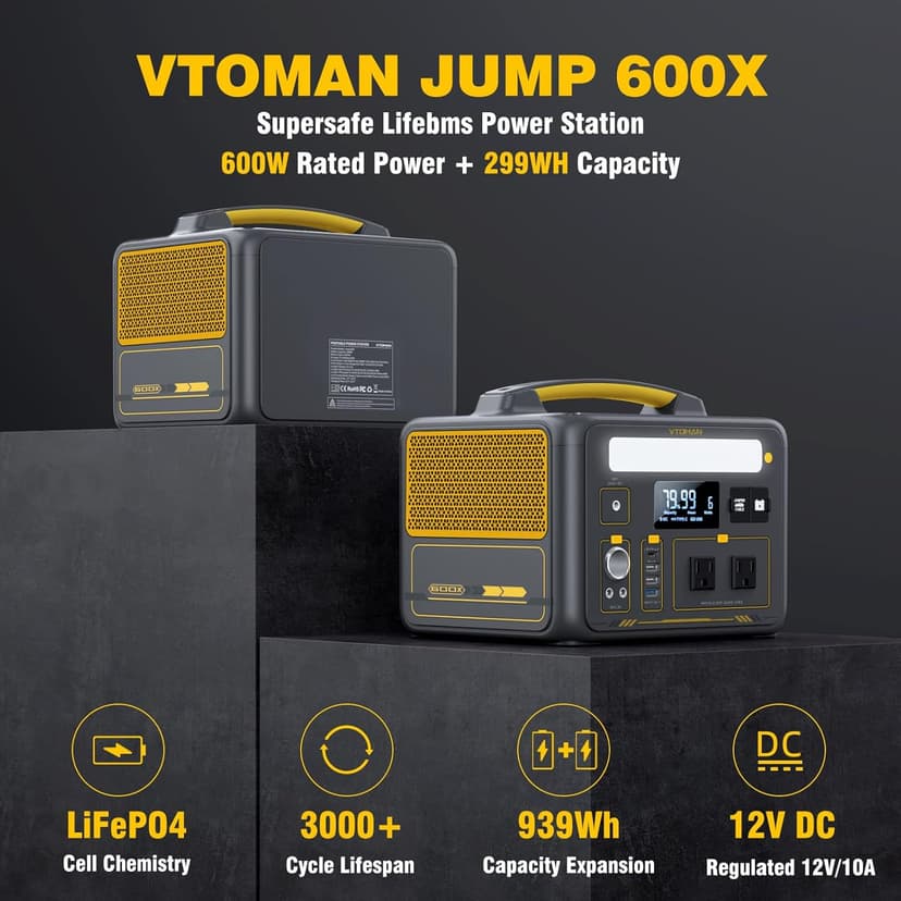 VTOMAN Jump 600X Portable Power Station, LFP Battery Powered Generator with 2x 600W AC Outlets (Surge 1200W), 4x USB ports, 3x DC Output for Outdoor Camping, Vehicle Emergency, Electric Backup