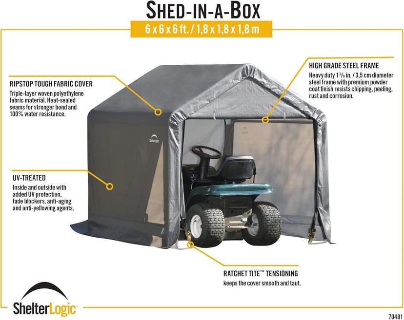 ShelterLogic 6' x 6' Shed-in-a-Box All Season Steel Metal Peak Roof Outdoor Storage Shed with Waterproof Cover and Heavy Duty Reusable Auger Anchors, Grey