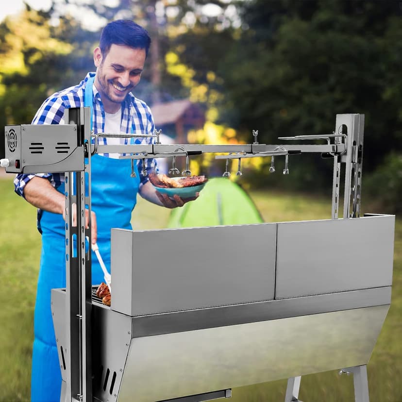 Stainless Steel Rotisserie Grill with Back Cover Guard, 25W Motor Small Pig Lamb Roaster, 37'' 2 in 1 BBQ Charcoal Rotisserie Grill for Camping Outdoor Kitchen