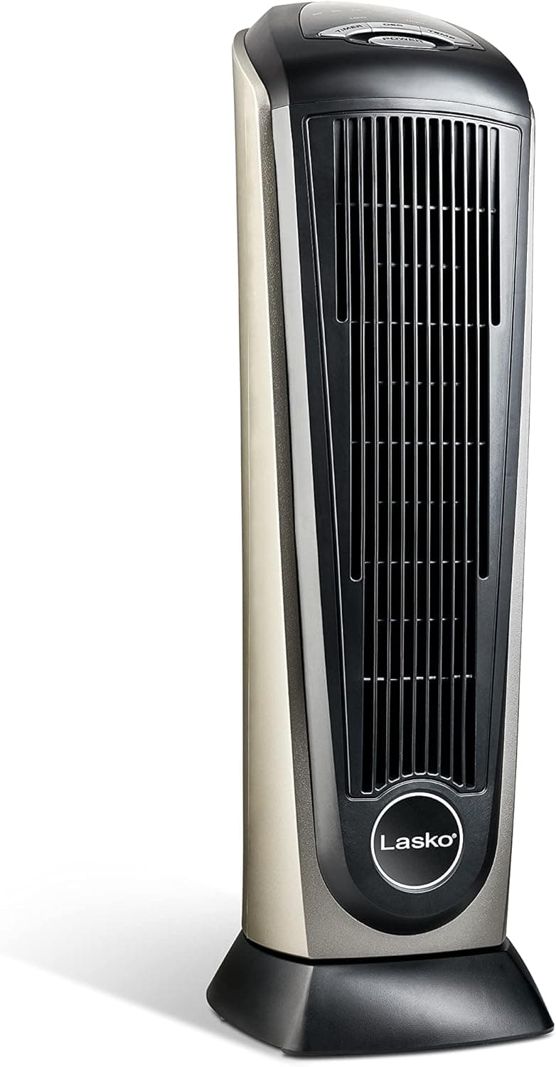 Lasko Oscillating Ceramic Tower Space Heater for Home with Adjustable Thermostat, Timer and Remote Control, 22.5 Inches, Grey/Black, 1500W, 751320