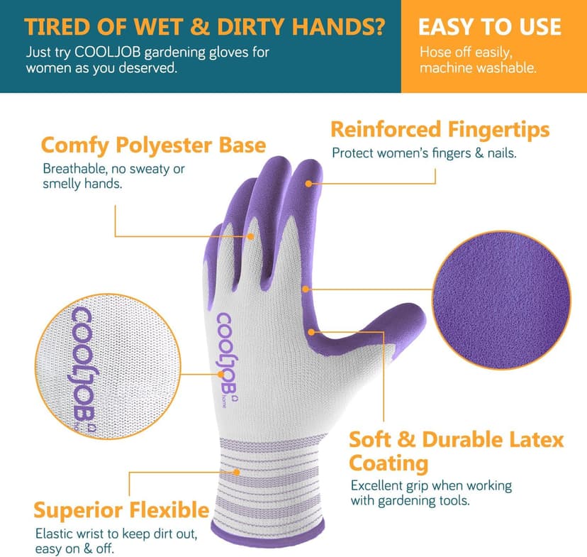 COOLJOB 2 Pairs Gardening Gloves for Women Ladies, Breathable Rubber Coated for Yard Garden, Outdoor Indoor Protective Work, Medium Size, Lavender Purple & Apple Green