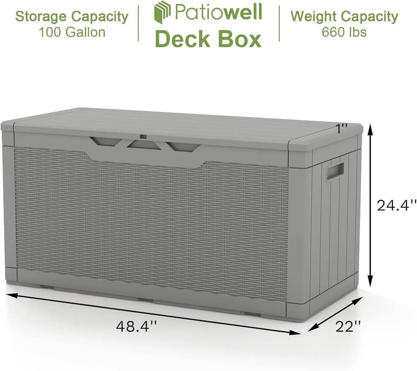 Patiowell 100 Gallon Resin Deck Box, Waterproof Large Outdoor Storage Box for Patio Furniture and Garden Tools, Grey
