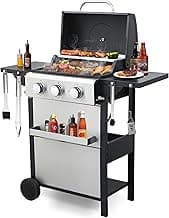 3-Burner Propane Gas Grill with 2 Foldable Side Tables, 25,650 BTU Outdoor BBQ Grill with Porcelain-Enameled Flame Tamers, Built-in Thermometer, Easy Assembly for Patio, Backyard BBQ