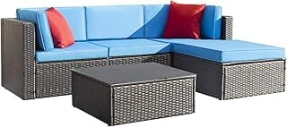 Devoko 5 Pieces Patio Furniture Sets All Weather Outdoor Sectional Patio Sofa Manual Weaving Wicker Rattan Patio Seating Sofas with Cushion and Glass Table (Blue)