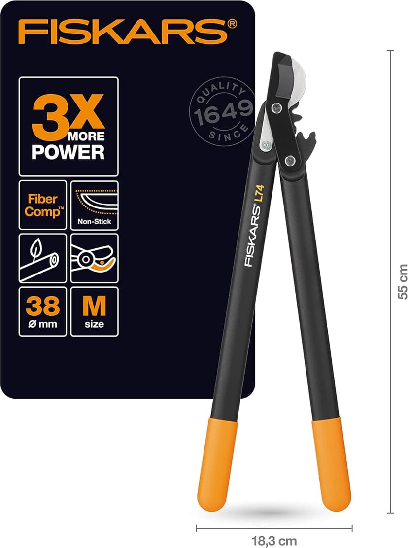 Fiskars PowerGear Lopper Bypass, Hook Head (M) L74, Hook Head, Non-stick coating, Cutting Diameter : 3.8 cm, Hardened steel, Length: 55 cm, Black/Orange, 1000582