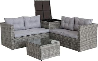 EMKK 4 Pieces Patio Sofa Set with Storage Box Outdoor Furniture Sectional All-Weather Wicker Rattan Loveseat with Back Cushions, Garden Lawn Pool Backyard PatioConversationSet