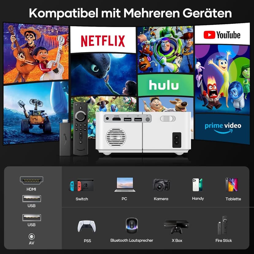 Portable Outdoor Projector, [Electric Focus] Mini Projector With WiFi and Bluetooth Native 1080P 300 ANSI, Max 200" Display Mirroring Screen With Android/IOS/Windows for Gaming Home Cinema