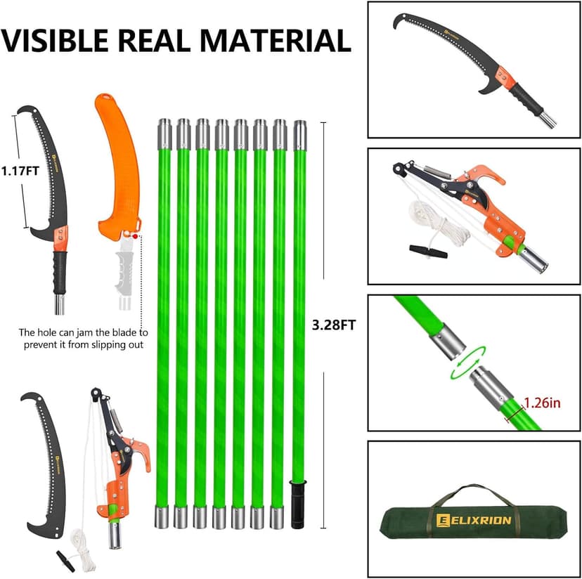 7-27 Feet Extendable Pole Saw for Tree Trimming – Manual Branch Trimmer with Long Handle, Storage Bag, and Green Design – Perfect for Pruning and Cutting High Branches.