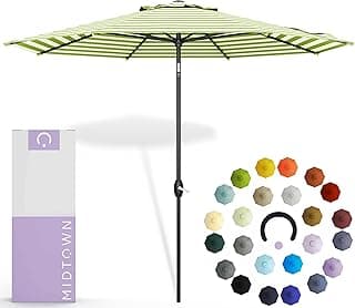 MIDTOWN UMBRELLAS The Lean 10 Feet Outdoor Umbrella With Terylast Pear Stripes (Green/White Stripes) Polyester Fabric - Auto-Tilt Aluminum Frame Patio Umbrella For Deck, Garden, Pool - Black Pole