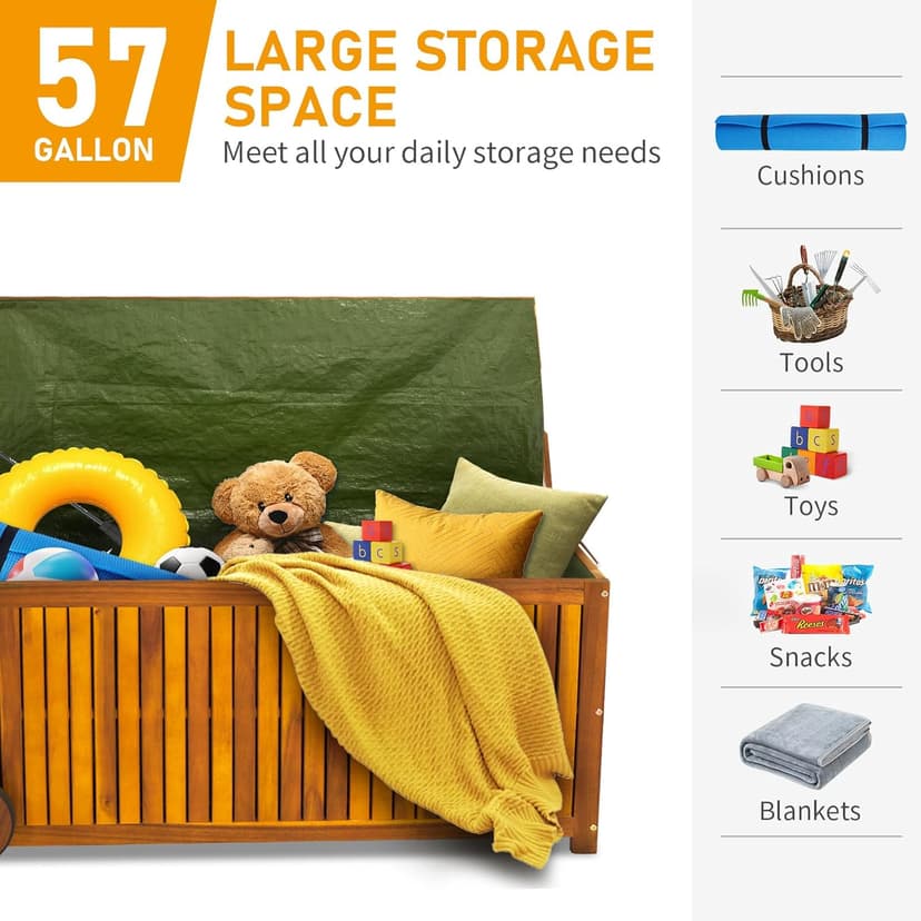 VINGLI 57 Gallon Wooden Outdoor Storage Box, Acacia Patio Storage Deck Box with Wheels, Outdoor Storage Bin Design with Water-Resistant Inner Bag, Garden Organizer Box for Indoors & Outdoors