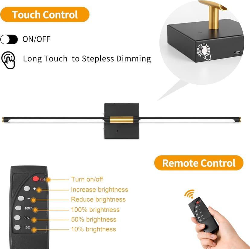 Battery Operated Wall Sconces Set of 2, Dimmable Battery Wall Sconce with Remote Control, Black Gold LED Rechargeable Sconces, 24 Inch Modern Wireless Wall Lights for Bedroom, Living Room