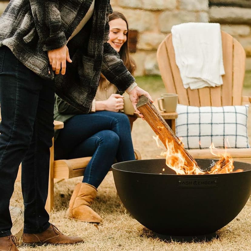 Ash & Ember 29" Hemisphere Fire Pit, Wood Burning Backyard Fireplace, Round Flat Flanged Base, Cast Iron High-Temp Black Paint Fire Bowl, Portable Outdoor Firepit