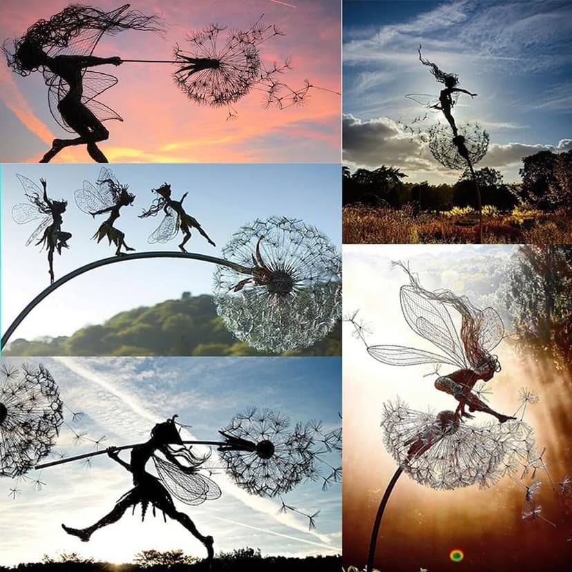 Flower Fairy Dancing with Dandelion Garden Art Sculpture Stainless Steel Statue Christmas Halloween Decoration for Outdoor Yard Courtyard Lawn Patio Metal Ornaments (Hurdle)