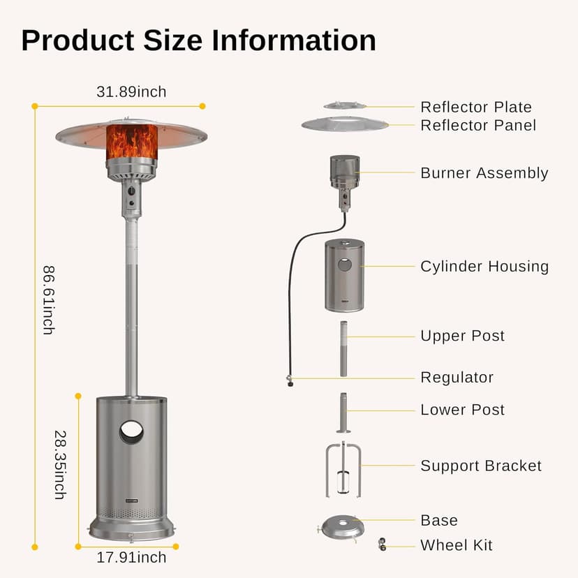 EAST OAK 48,000 BTU Patio Heater for Outdoor Use With Round Table Design, Double-Layer Stainless Steel Burner and Wheels, Outdoor Patio Heater for Home and Commercial, Stainless Steel