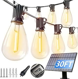 luckystyle 30FT Solar String Lights Outdoor Waterproof with 10+1 LED Bulbs Long Last for 20+Hrs, Commercial Grade Shatterproof USB Patio Solar Powered Lights for Camping，Backyard, Garden, Porch Decor