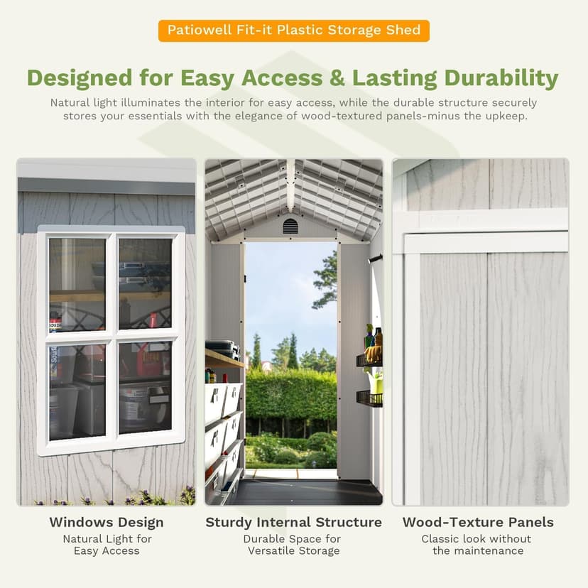 Patiowell 4' x 8' Outdoor Storage Shed with Floor, Plastic Shed Outside Resin Tool Shed with Two Windows and Lockable Door for Backyard Garden Patio Lawn, White (Fit-it Shed)