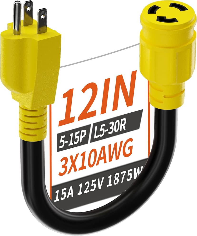 3 Prong 15 Amp to 30 Amp RV Generator Adapter Cord, NEMA 5-15 Male Plug to NEMA L5-30 Female Plug, 12 Inch(1 FT) 10 Gauge STW Heavy Duty Power Cord, Max 15A 125V 1875W, Yellow, ETL Listed