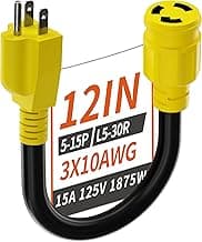 3 Prong 15 Amp to 30 Amp RV Generator Adapter Cord, NEMA 5-15 Male Plug to NEMA L5-30 Female Plug, 12 Inch(1 FT) 10 Gauge STW Heavy Duty Power Cord, Max 15A 125V 1875W, Yellow, ETL Listed