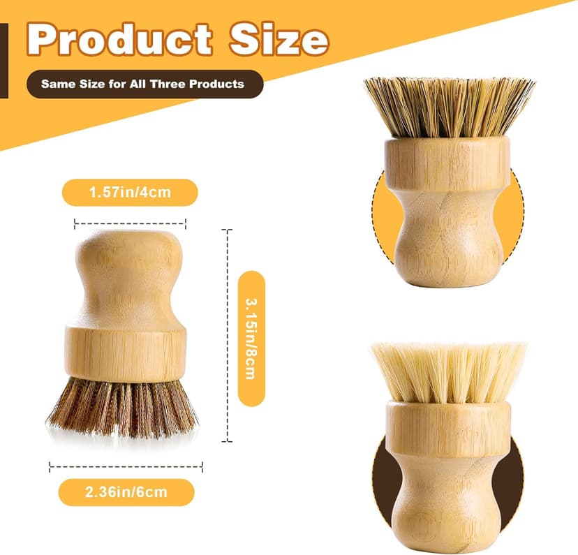 Bamboo Dish Brush Set, 3 Pcs Wooden Scrubber, Brass Brush and Pot Brush with Sisal and Palm for Cleaning Vegetables, Pots and Ovens
