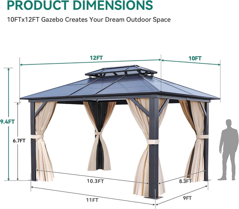 YITAHOME 10x12FT Gazebo Hard-Top Double Roof Canopy Outdoor with Netting and Shaded Curtains, Aluminum Frame Polycarbonate Hardtop Garden Tent for Patio, Backyard, Deck and Lawns, Brown
