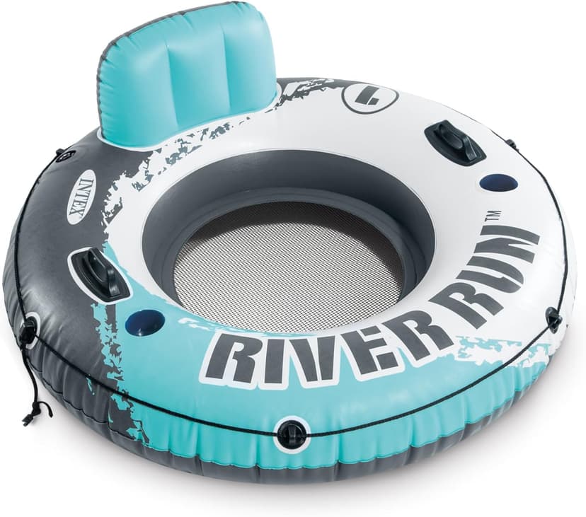 INTEX 58825EP River Run 1 Inflatable Floating Lounge: Comfortable Backrest – Built-in Cup Holders – Durable Grab Handles – All Around Grab Rope – 220lb Weight Capacity– Blue