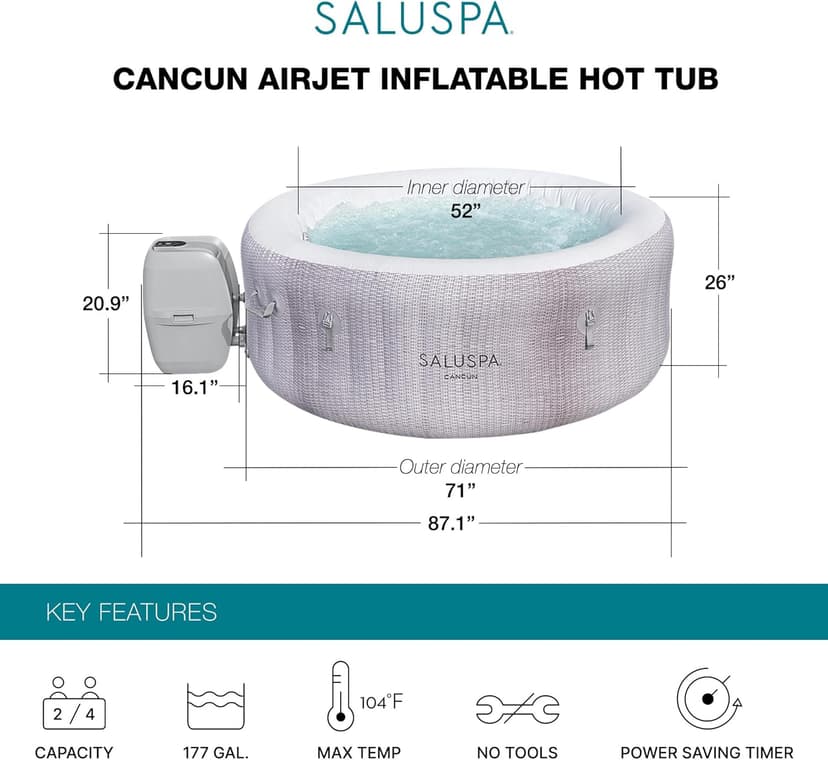 Bestway SaluSpa Cancun AirJet 2 to 4 Person Inflatable Hot Tub, 71 x 26 Inch Round Portable Outdoor Spa with 120 Soothing Jets and Cover, Gray