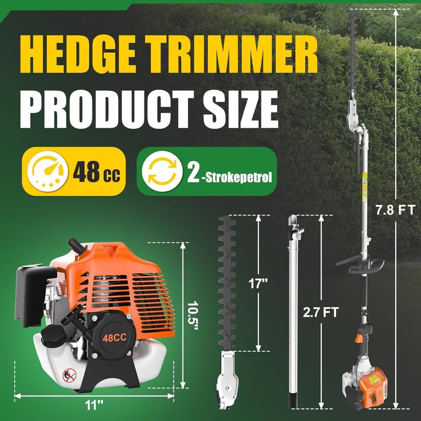 48cc Gas Hedge Trimmer, 2 Cycle Gas Powered Hedge Trimmer Brush Cutter,Pole Saw with Extension Pole Garden Trimming Tools for Tree Trimming and Branch Cutting