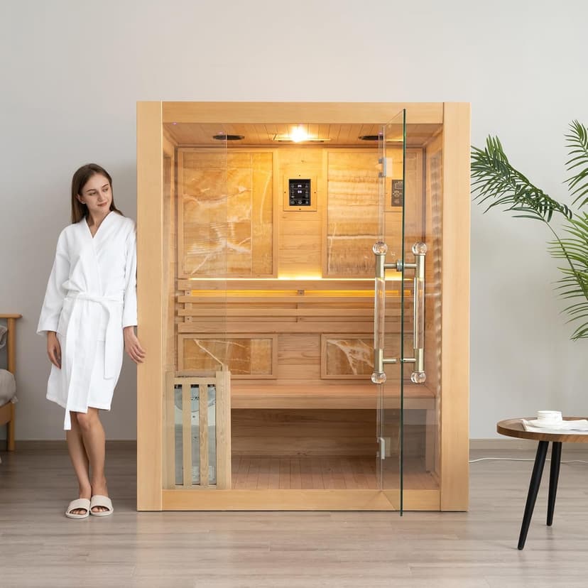 Smartmak Wood Home Steam Sauna, 3 Person Canadian Hemlock Traditional Luxurious Wooden Indoor Spa Room, with 3.5 kw Heater, Bluetooth Speaker, Rocks, Water Bucket, Spoon, Hygrothermograph, Lights