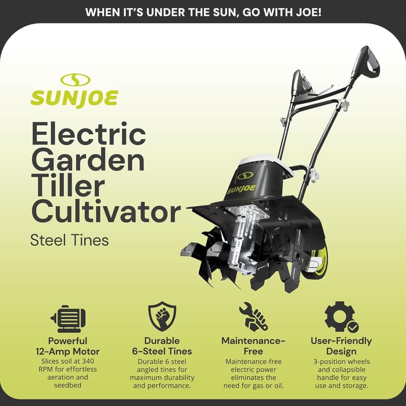 Sun Joe Electric Garden Tiller Cultivator, Steel Tines, 12 Amp, 16 Inch, Black - Heavy-Duty Gardening Machine & Equipment for Gardens, Lawns & Yards