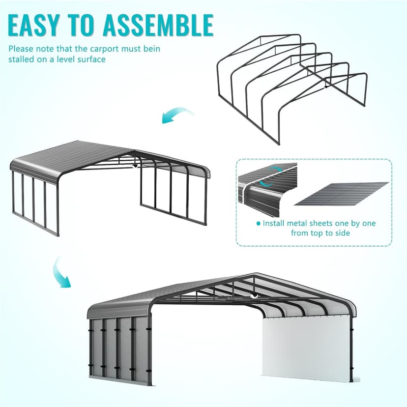 Metal Carport,Car Ports 20x20 Heavy Duty Metal for Snow,Car Tent Garage with Galvanized Metal Roof,Outdoor Two Car Carport All Weather with 2 PE Sidewalls