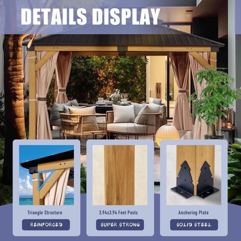 CHARMELEON 10'x12' Wood Gazebo,Patio Cedar Wood Gazebo with Mosquito Netting and Curtains, Galvanized Steel Hardtop Pavilion for Outdoor, Garden, Deck