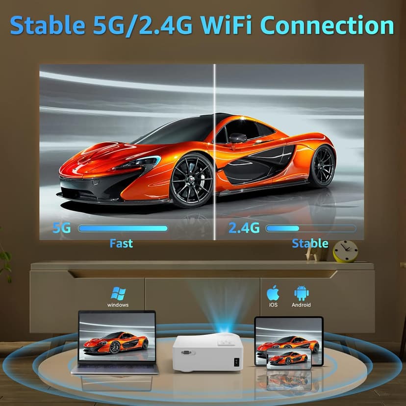 5G WiFi Bluetooth Projector, Native 1080P Outdoor Movie Projector with 300" Display, 380ANSI Home Theater Video Projector 4K Supported, LED Video Projector Compatible with TV Stick, Phone/PC