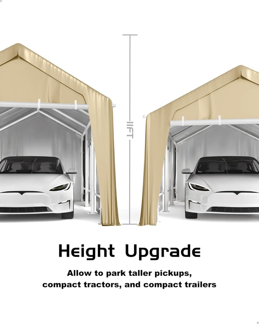 10'x20' Windproof Carport Heavy Duty, Portable Garage with 4 Roll-Up Doors, 4 Mesh Windows, 180g PE Top Cover, and Reinforced Frames, for Full-Size Sedans, Bass Boats, and SUVs, Khaki