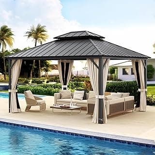 LUE BONA 12'x14' Hardtop Gazebos, Aluminum Frame Permanent Pavilion with Curtains and Netting, Double Galvanized Steel Roof Gazebo Outdoor, Metal Gazebo Canopy for Garden, Lawns, Patio, Black
