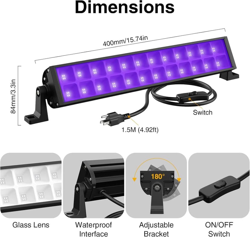 Onforu 2 Pack 48W Black Light Bars, LED Blacklight with Plug and Switch, Black Lights Flood Light, Glow in The Dark Party Supplies for Stage Lighting, Halloween Decorations, Body Paint