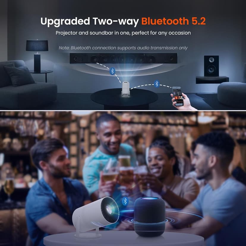 [Two-Way Bluetooth 5.2] Mini Portable Projector 4K 1080P Supported Projection, Tecaki Smart Projector with 180°Rotatable Stand Auto Keystone Correction Long Lens Life for Home Theater, Outdoor Movie