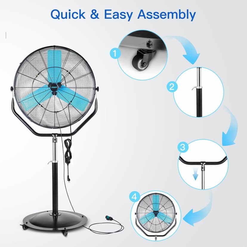 pasapair 7600 CFM 24" High Velocity Outdoor Misting Fan, Standing Fans for Patio Waterproof, Cooling Floor Fan 3-Speed, 360° Oscillation, Adjustable Height, 4 Casters, Heavy Duty Metal Industrial Fan